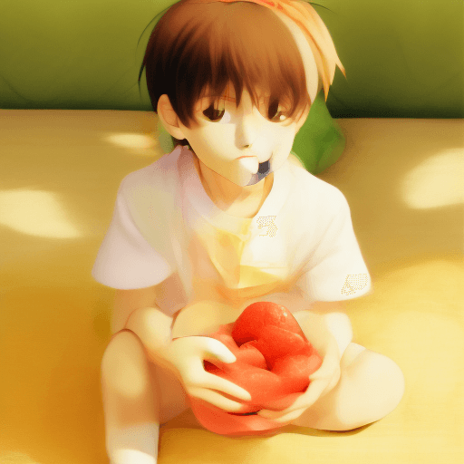 AI generated: fruits, basket, little boy, eating
