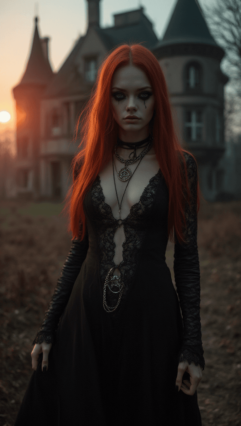 AI generated: Full-body shot of a young thin woman with copper-colored hair, pale skin, black-painted eyes, a sini...