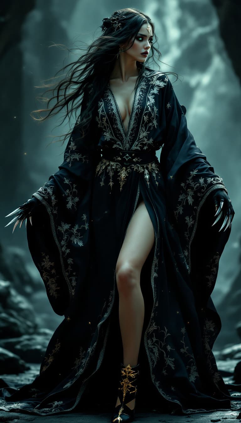 AI generated: A full body photo shot of an alluring and deadly image of a (shadow dancer) wearing dark, flowing si...