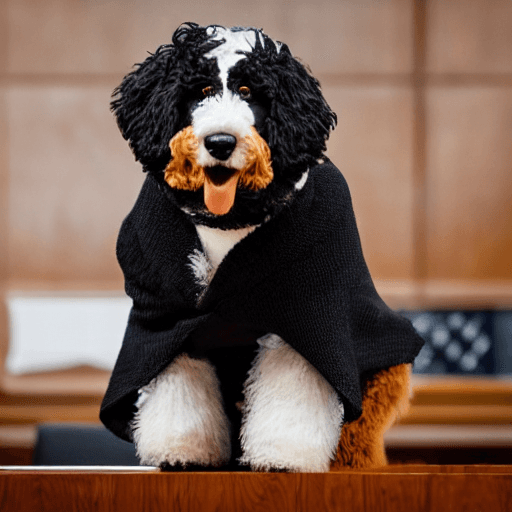 AI generated: a closeup photorealistic photograph of a cute smiling knitted bernedoodle judge dog dressed in a bla...