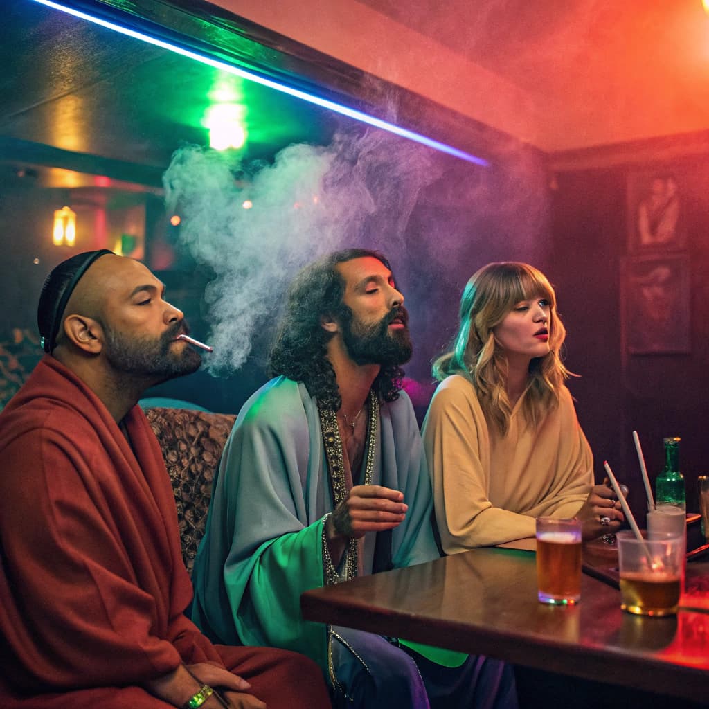 AI generated: Psychedelic, surreal. high resolution photography, front shot of, Buddha, Jesus, and Mohammad, all s...