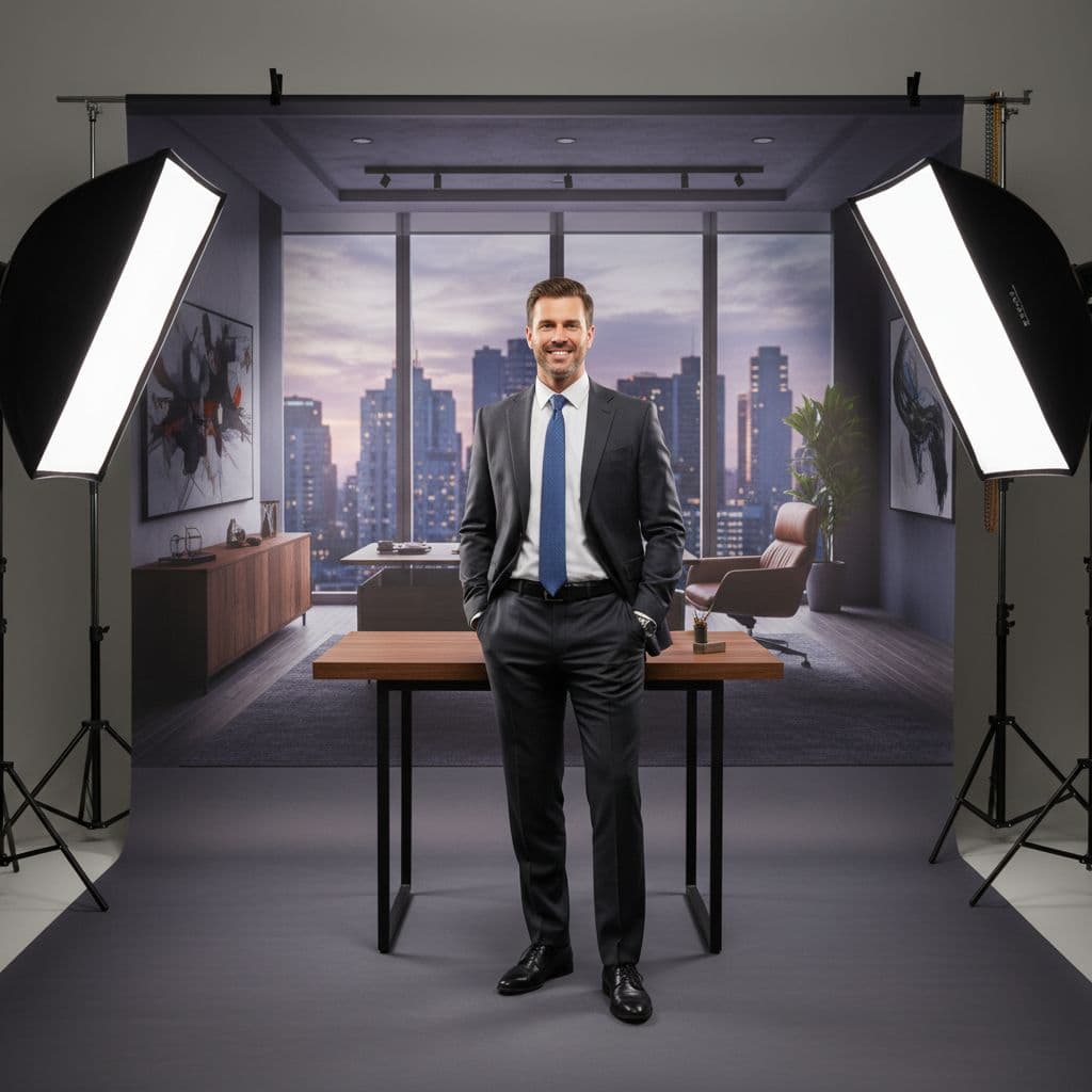 AI generated: business man posing in photography studio against office backdrop