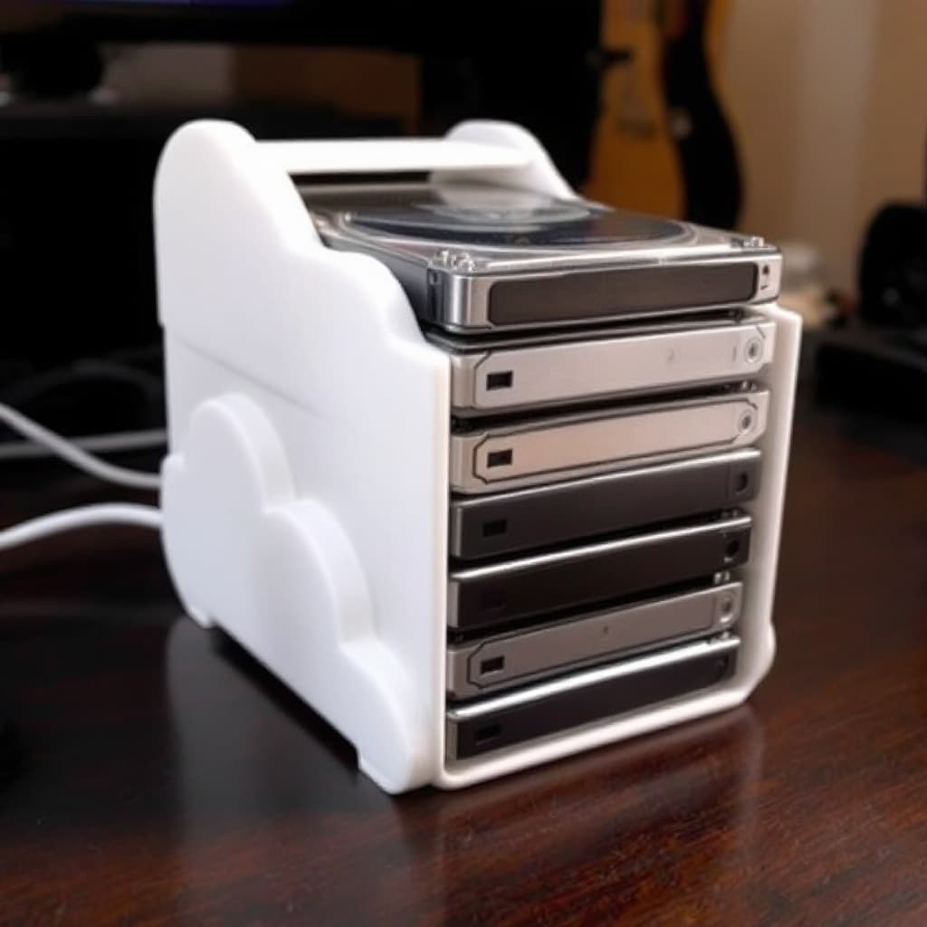 AI generated: A 3d printed Hard drive rack for external HDDs, white with cloud shapes on the sides. 5 Hard drives ...