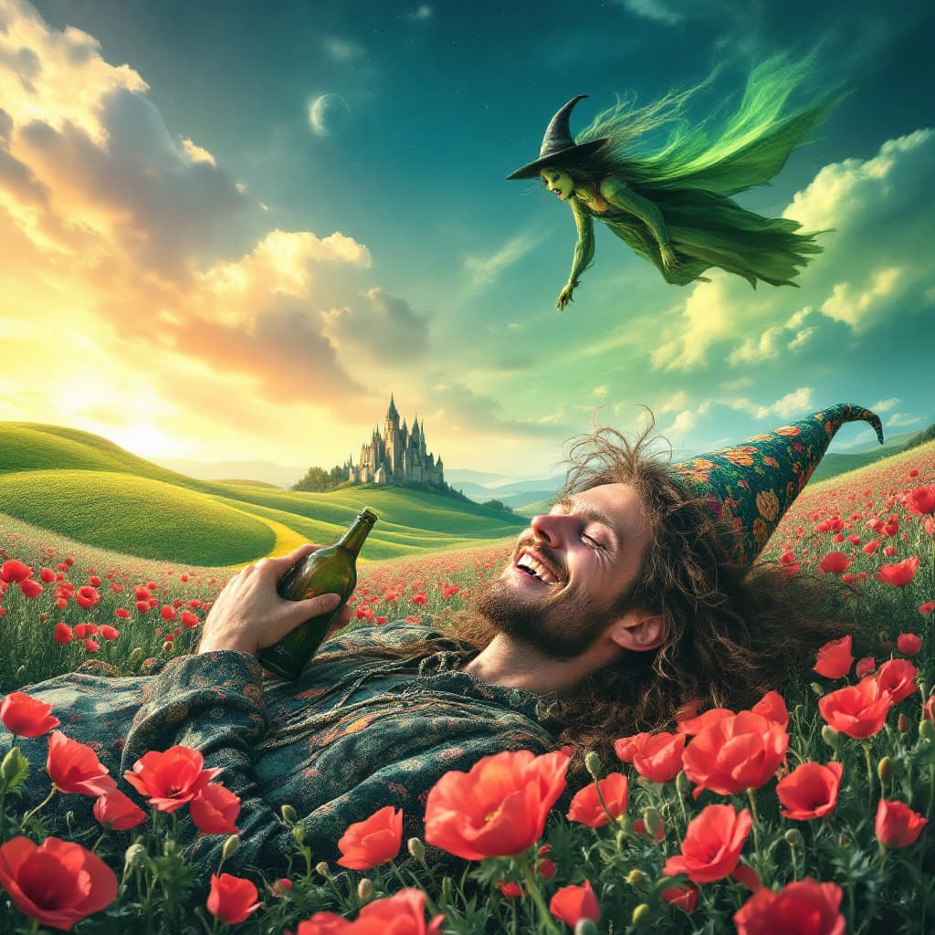 AI generated: a totally wasted  hippie with a dopey grin partly closed eyes is  in a field of poppies laying prone...