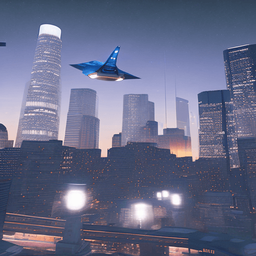 AI generated: Ultra realistic dowtown Los Angeles photografy, distopic future, night, reality low light, flying fu...