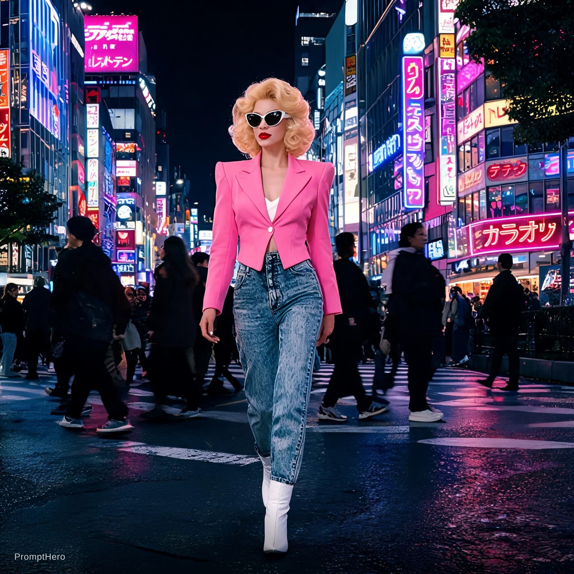 AI generated: A blonde woman with an 80s look walking through the streets of Shibuya, Japan at night under neon li...