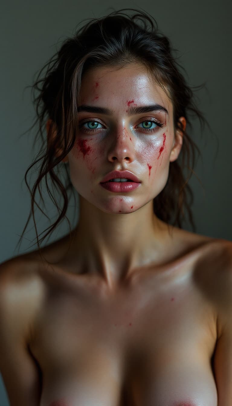 AI generated: high-resolution photograph, woman, ugly scar in the face, exposed body,  stunning use of shadows, in...