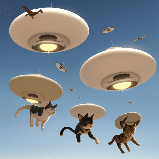 AI generated: An army of cats and an army of dogs flying flying saucers