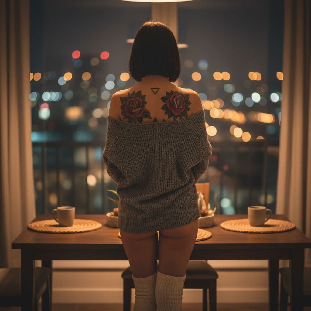 AI generated: A cozy, intimate evening apartment scene. A woman with a short dark bob haircut stands with her back...