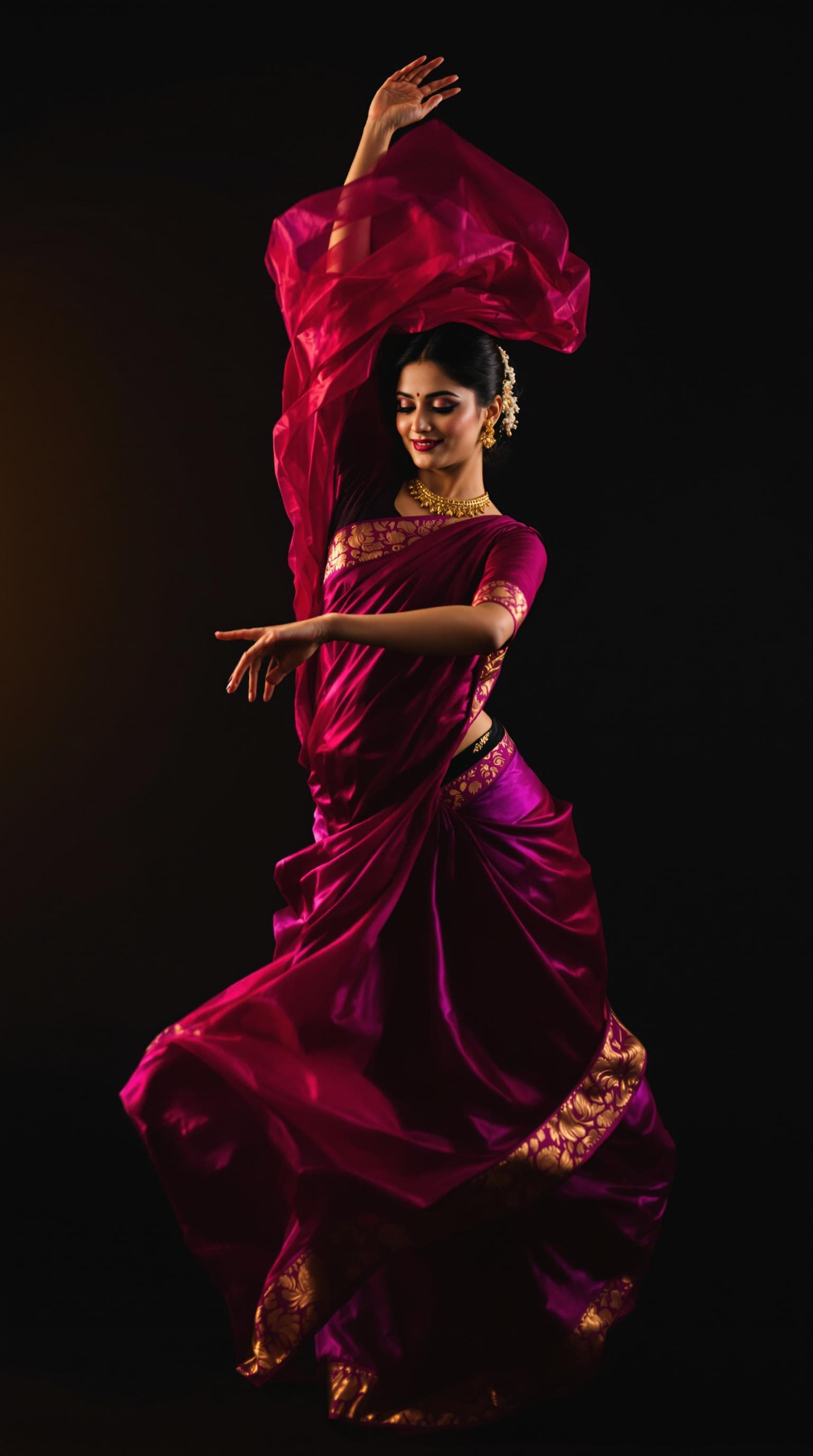 AI generated: Young woman in a dynamic pose, performing a traditional Indian dance.  Dark-haired, South Asian woma...
