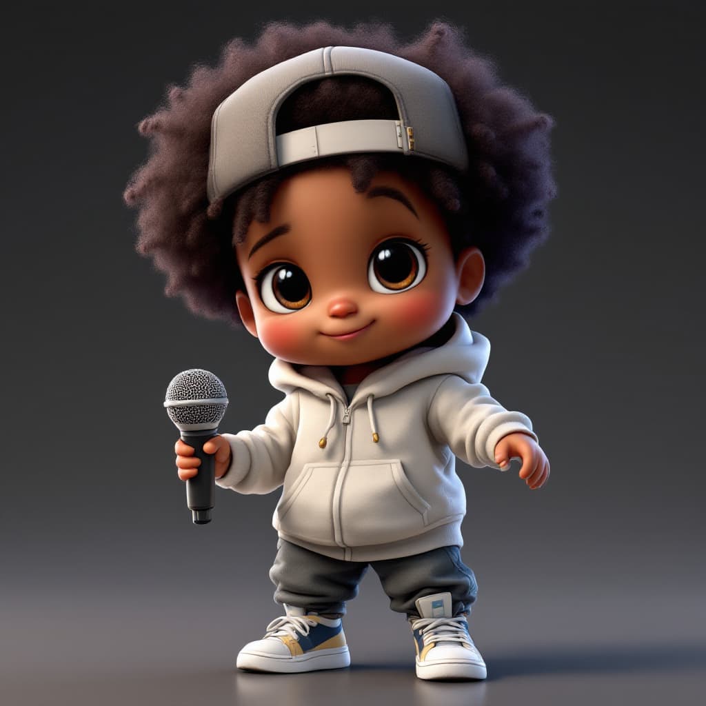 AI generated: An urban dark afro baby character wearing a backward cap, sneakers, and a hoodie, holding a micropho...