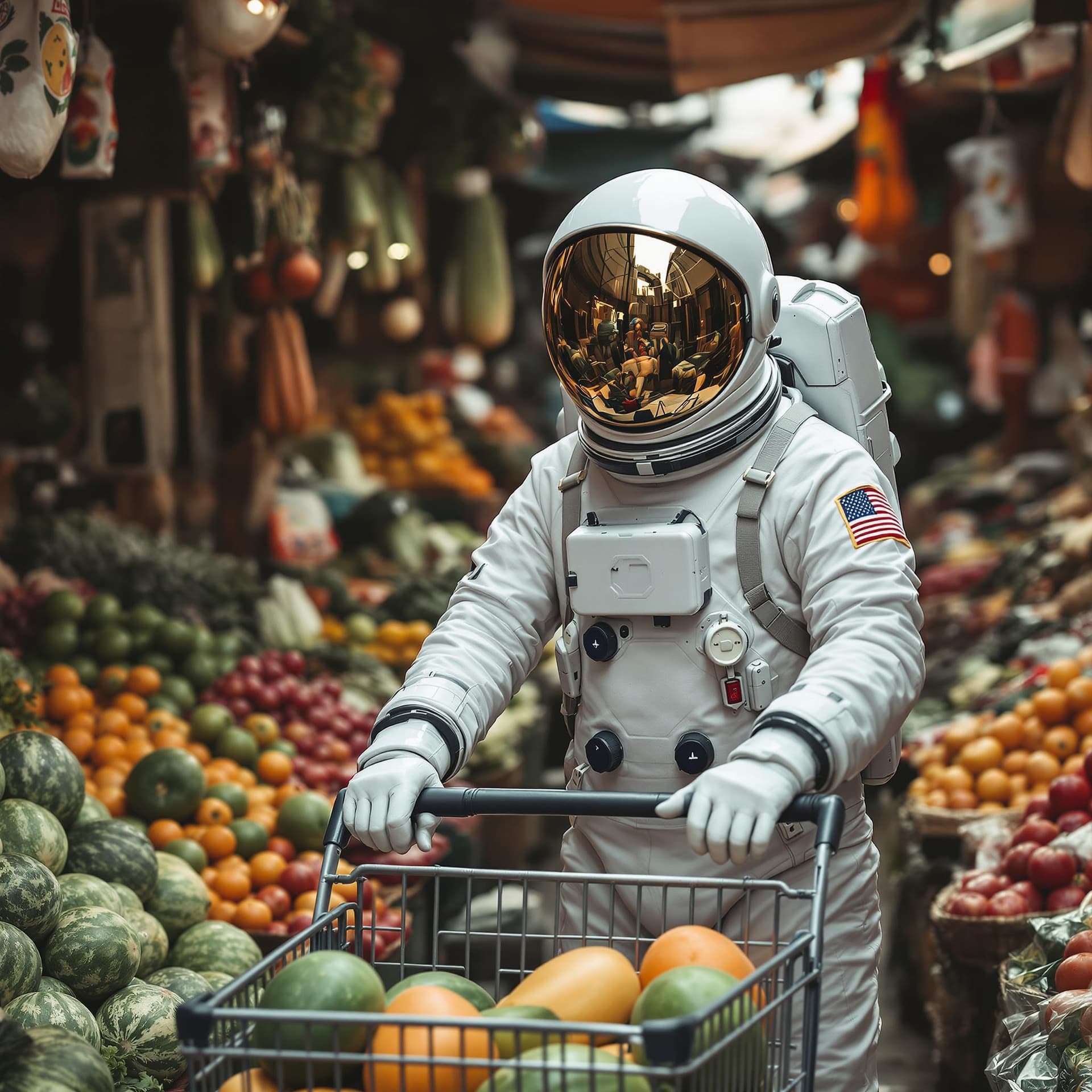 AI generated: The image captures a person wearing a full astronaut suit with a reflective visor, shopping in a tra...