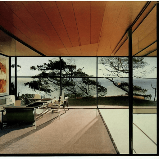 AI generated: Hyper realistic eye level exterior photo of a mid century modern style house overlooking the ocean, ...