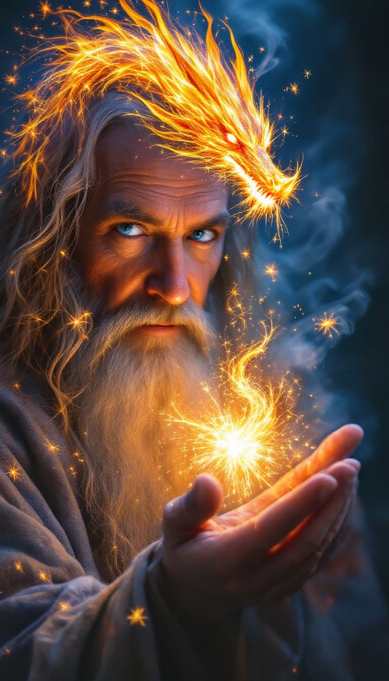 AI generated: A close-up, cinematic painting of Gandalf the Grey, captured from the chest up with a focused, intim...