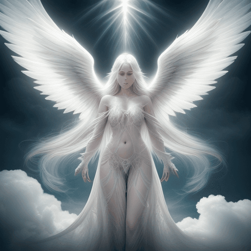 AI generated: an seductive angel, three pairs of wings, long white hair, descending from the cloud filled sky with...