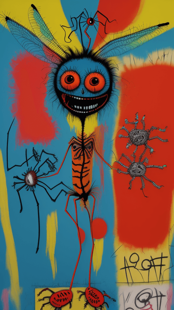 AI generated: graffitied on the wall invision my imaginary friend a Absurd Embroidery bird head spider legs red or...