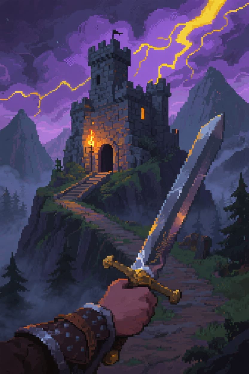 AI generated: Create a pixel-art masterpiece of a medieval fortress on a stormy mountain peak, with a towering sto...