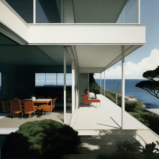 AI generated: Hyper realistic eye level exterior photo of a mid century modern style house overlooking the ocean, ...