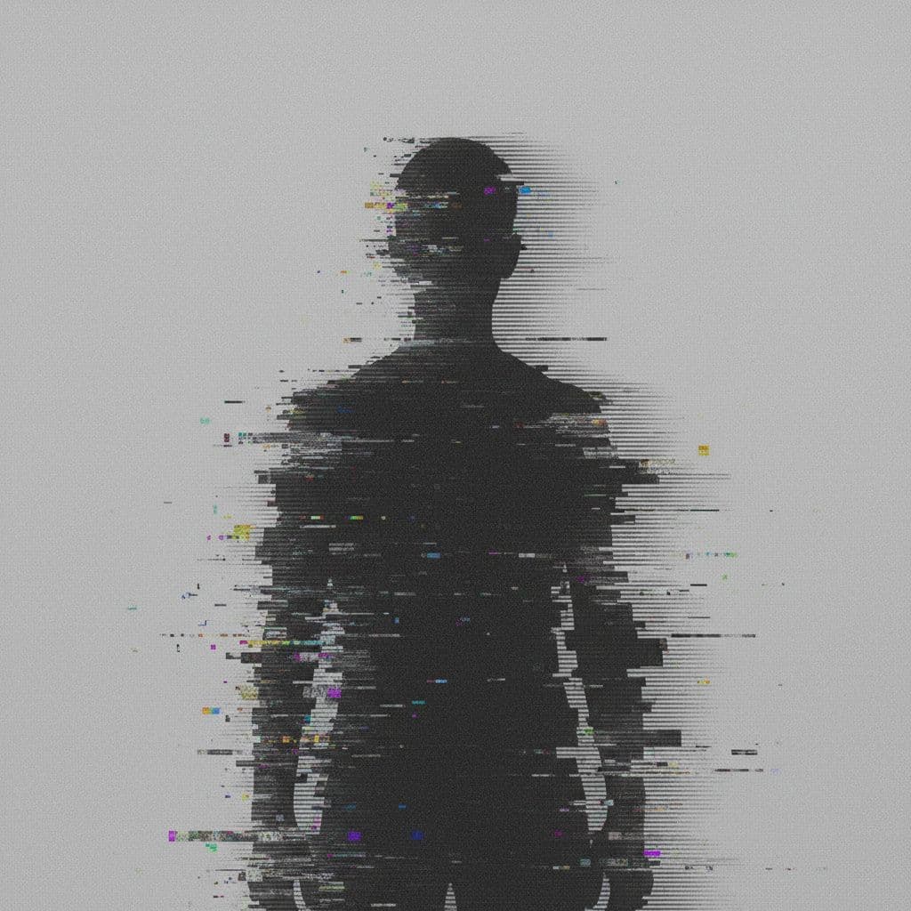 AI generated: glitch art with linear distortion, horizontal scan lines and digital interference, vertical portrait...