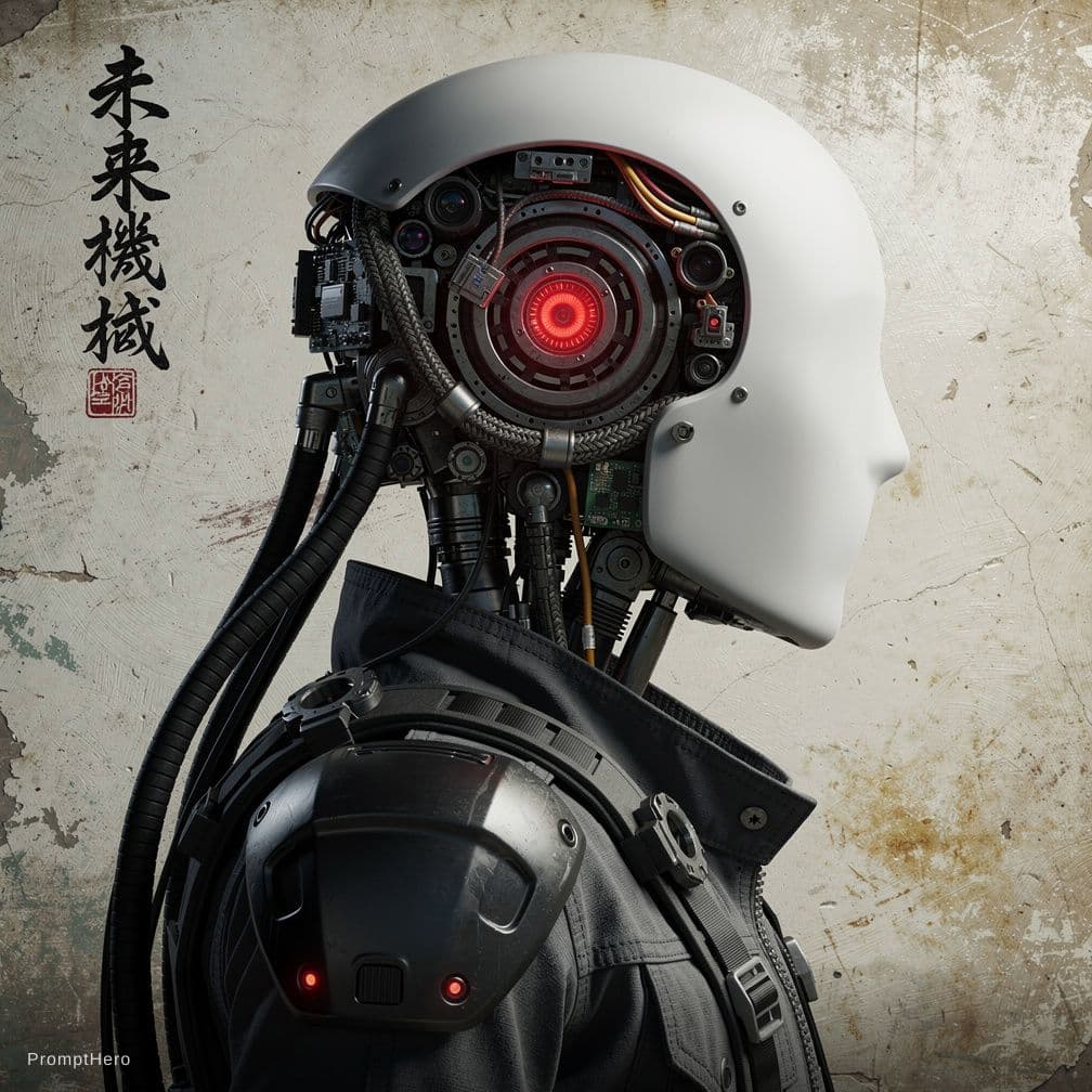 AI generated: A highly detailed side profile portrait of a humanoid robot or cyborg figure 
wearing a dark gray ta...