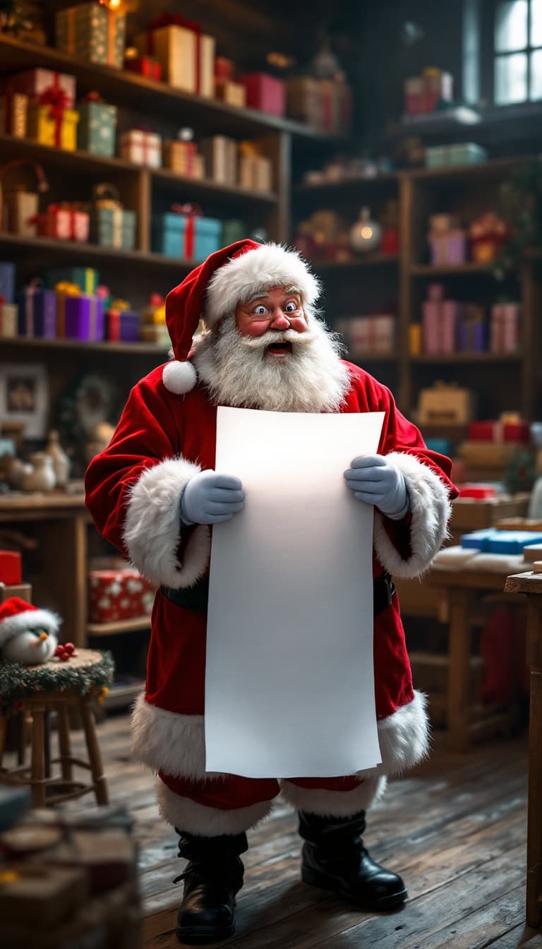 AI generated: A realistic full-length photograph of Santa Claus standing in a cozy workshop, reading a long wish l...