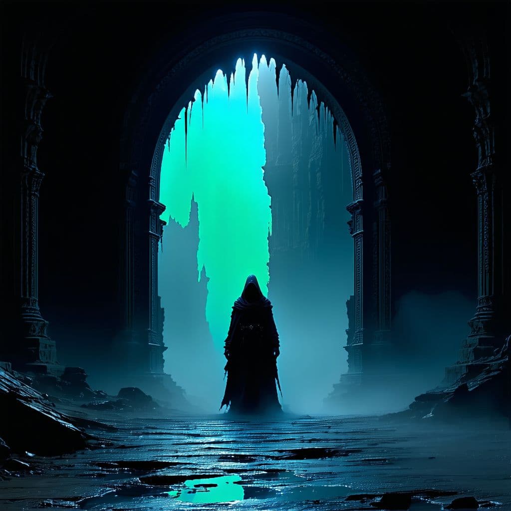 AI generated: **dark fantasy portal to the void, ultra detailed architecture, dark figure standing in doorway,phot...