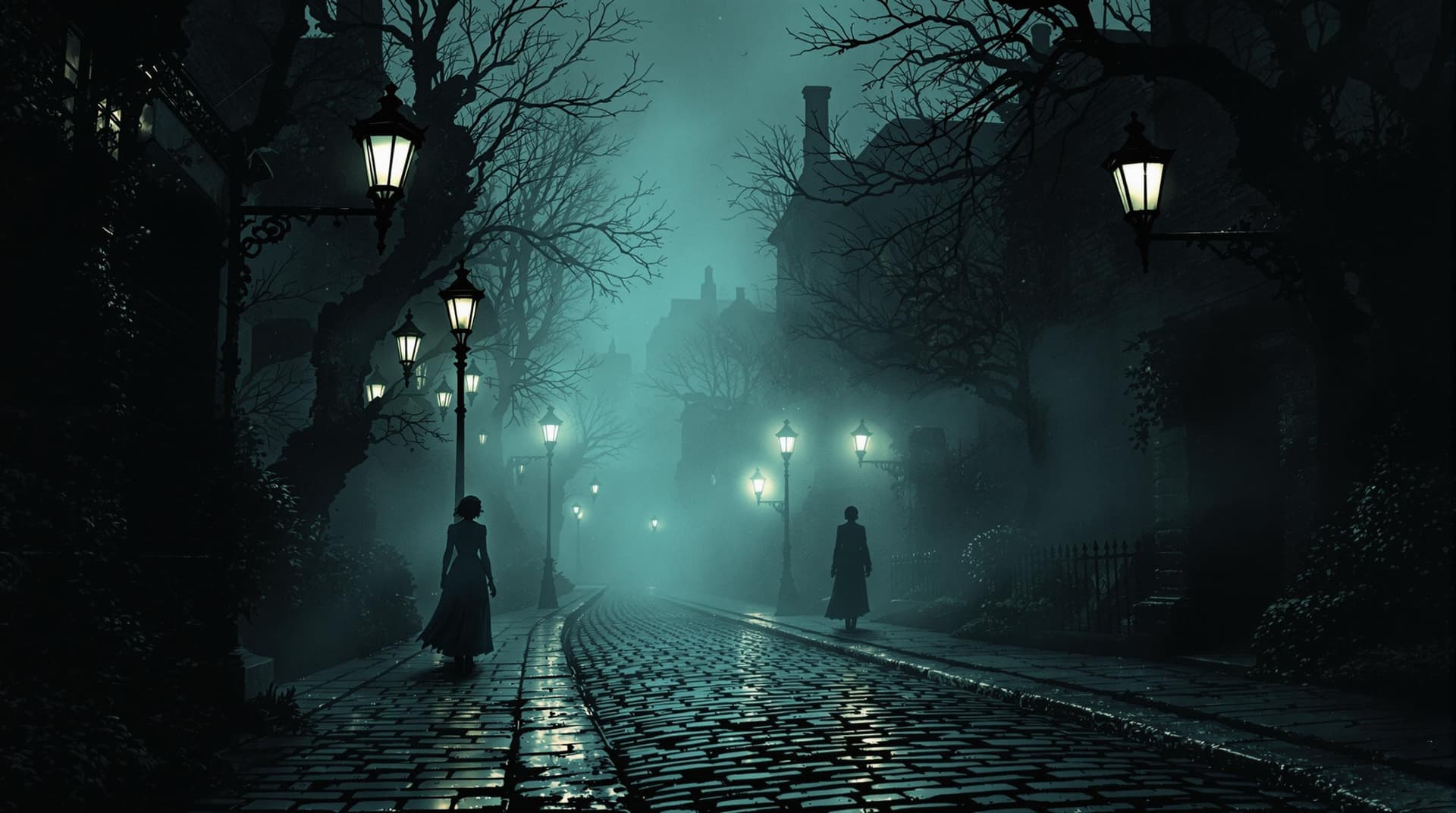 AI generated: An eerie and mysterious Victorian street scene in Richmond, London, shrouded in thick fog. Gas lamps...