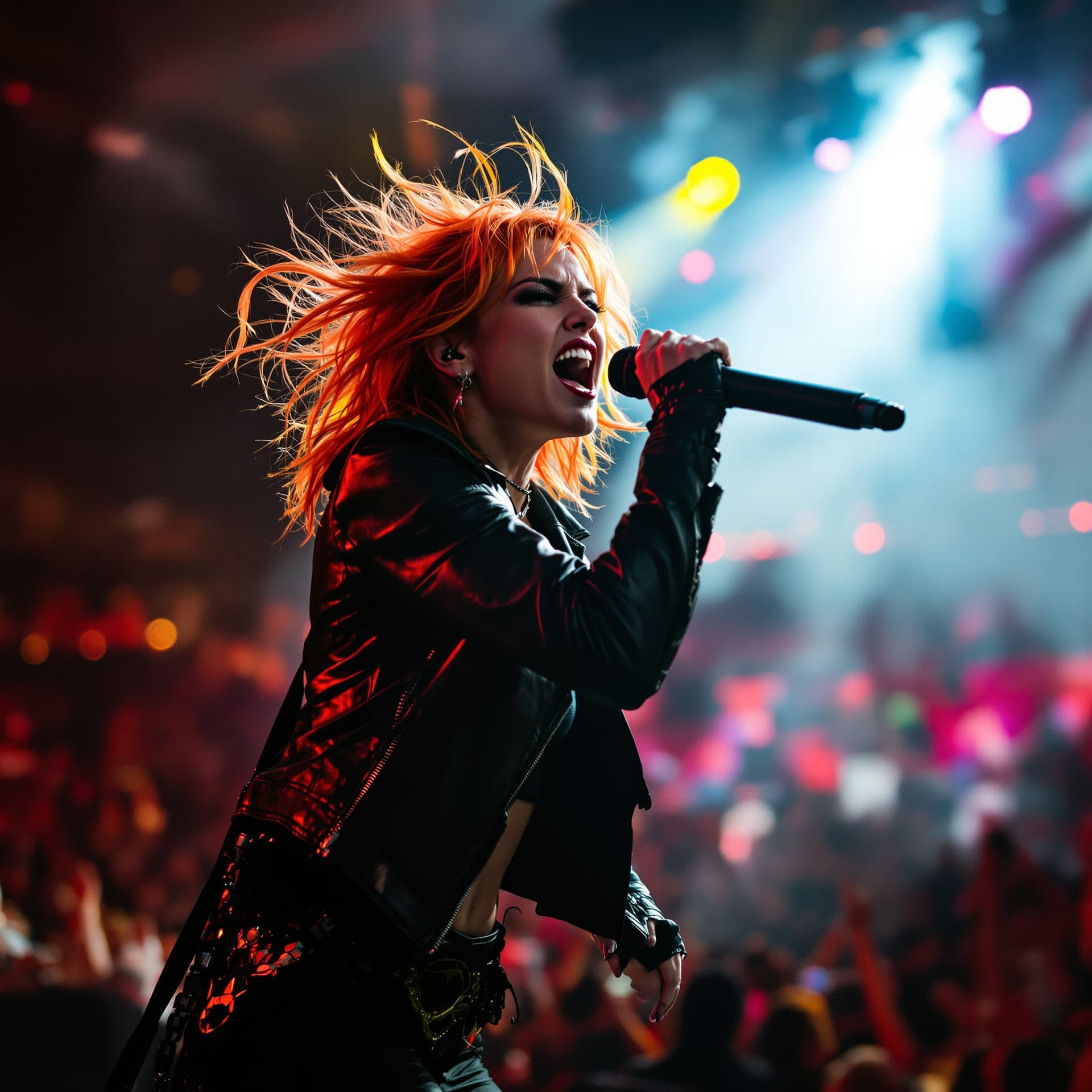 AI generated: female rock singer on stage, energetic and intense, bright orange hair, dynamic pose, leather jacket...