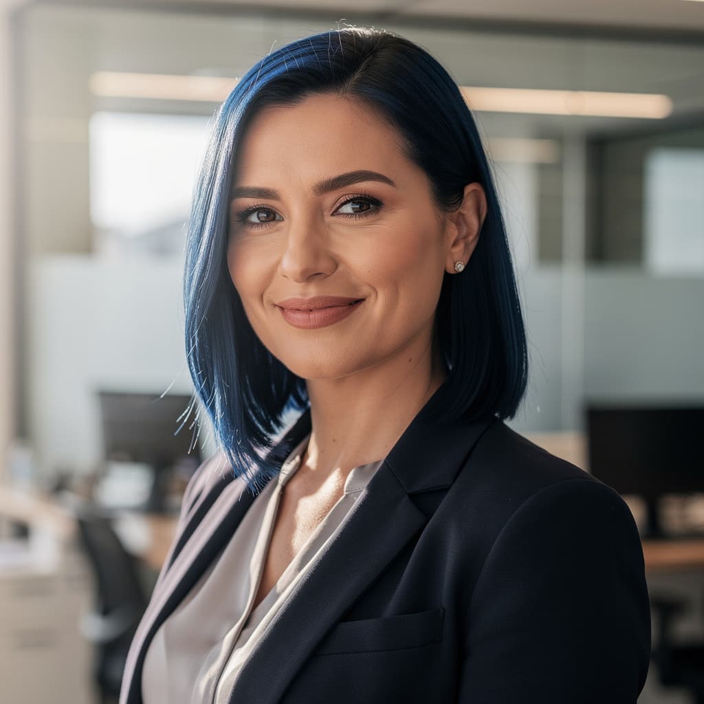 AI generated: a blue haired girl, in her 30s, professional outlook with smile, sharp details, photo style raw --st...
