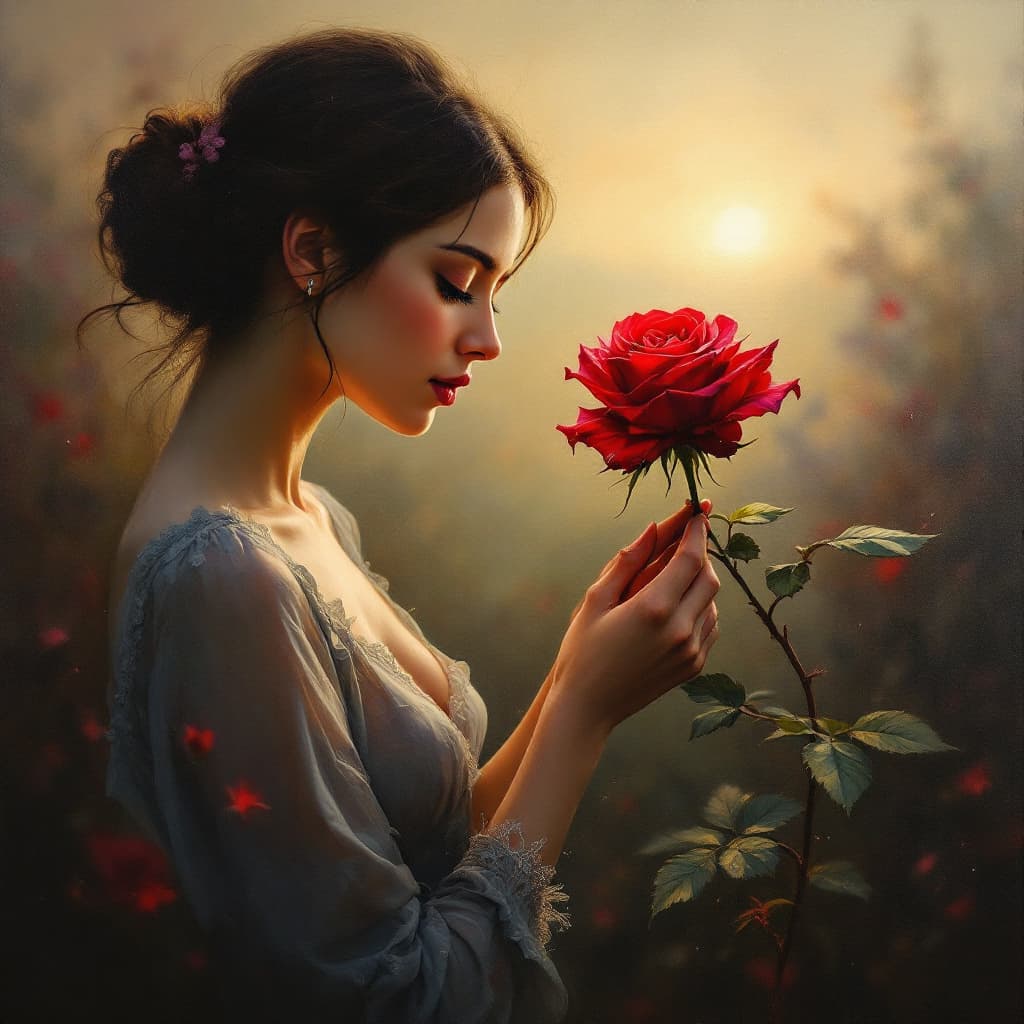 AI generated: Create a masterpiece oil painting that reflects the bittersweet beauty of the song "Every Rose Has I...