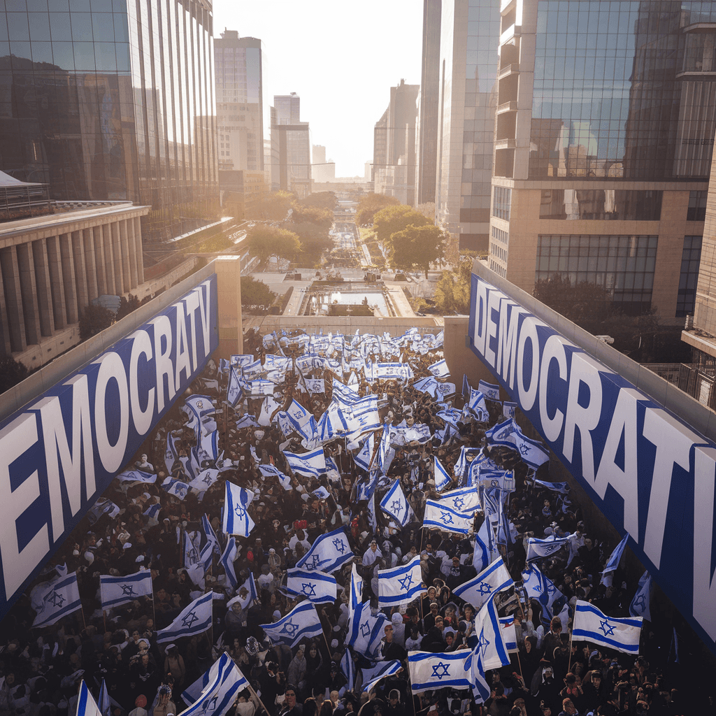 AI generated: A colorful overhead shot reveals a sea of supporters energetically waving Israeli flags, bathed in w...