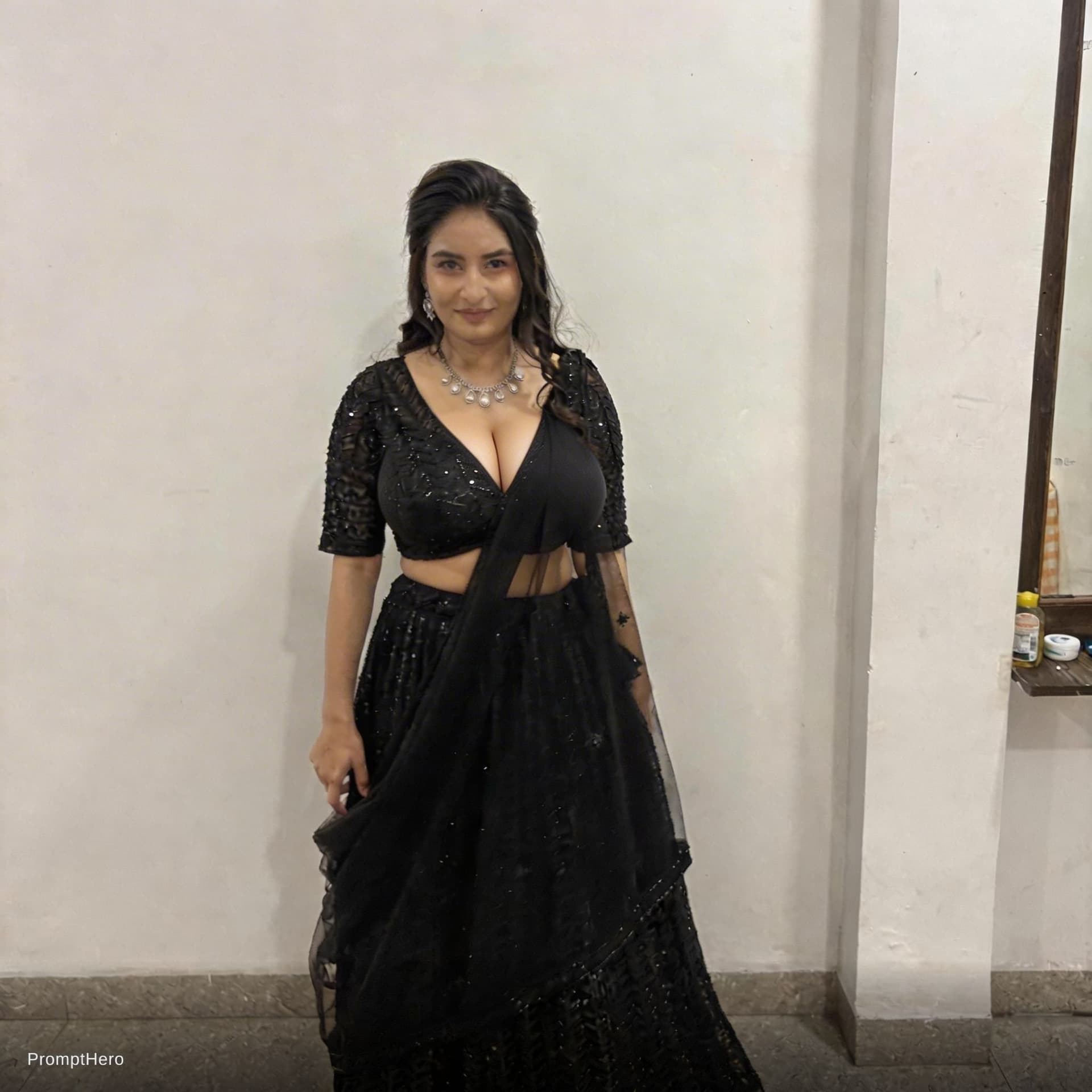 AI generated: massiv breast augmentation that that defys gravity, very deep clevage