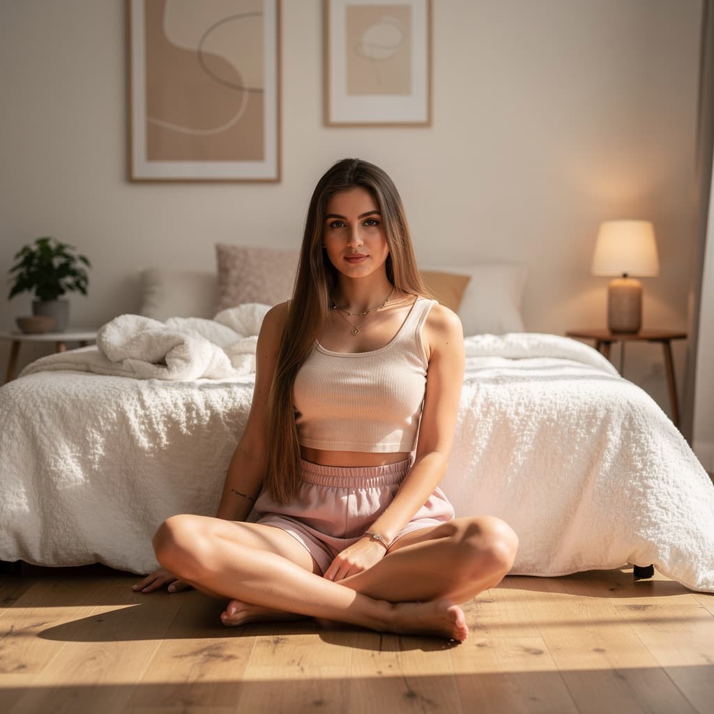 AI generated: Pretty, tanned girl with long brown hair down to her waist is sitting on the floor in her "girly" be...