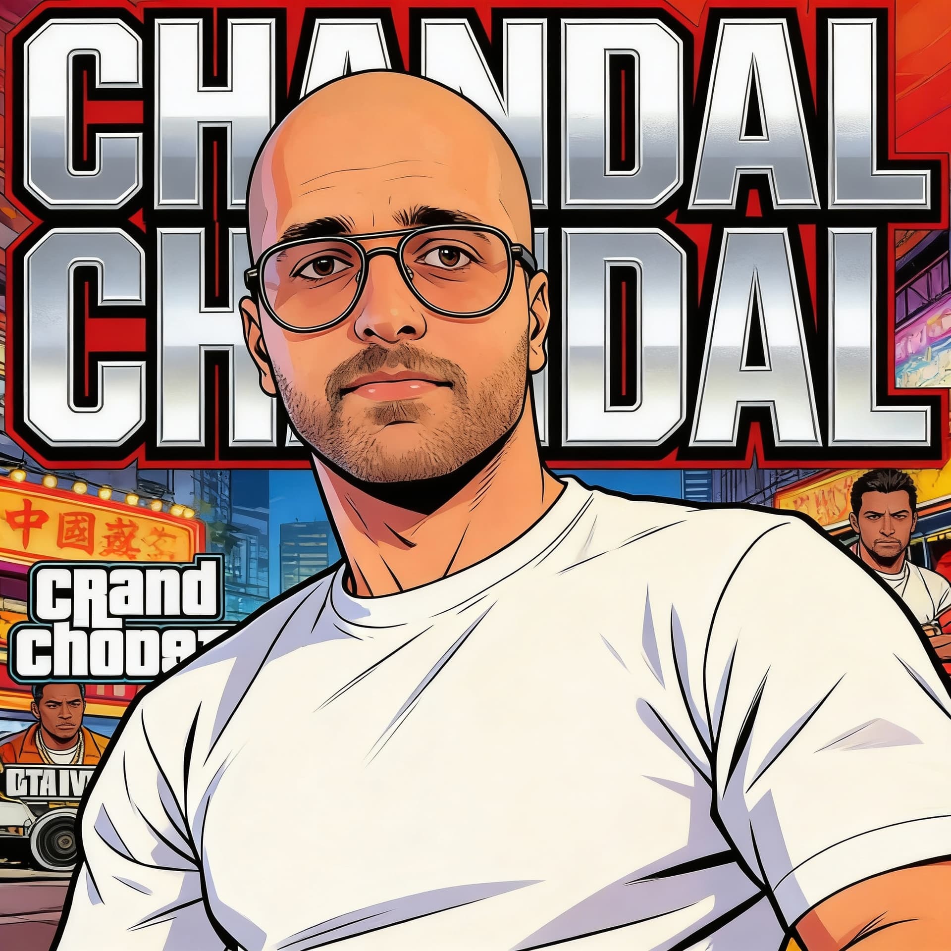 AI generated: Cartoon illustration, comic book cover featuring a handsome Caucasian bald man, clean face, clean sh...