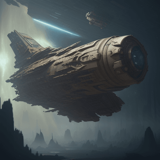 AI generated:  severely damaged spaceship, Block shape, steampunk, severely damaged, floating in space. dramatic l...