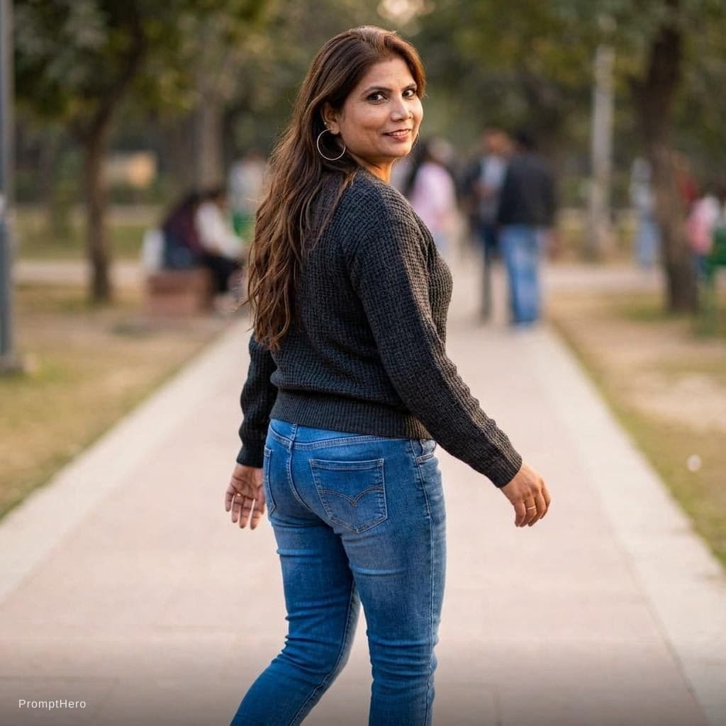 AI generated: 
Have her walking away looking back smirking,  wearing fit jeans and a top