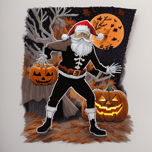 AI generated: halloween, skeleton, pumpkin, autumn leaves fallen tree, autumn fallen dry leaves and christmas deco...