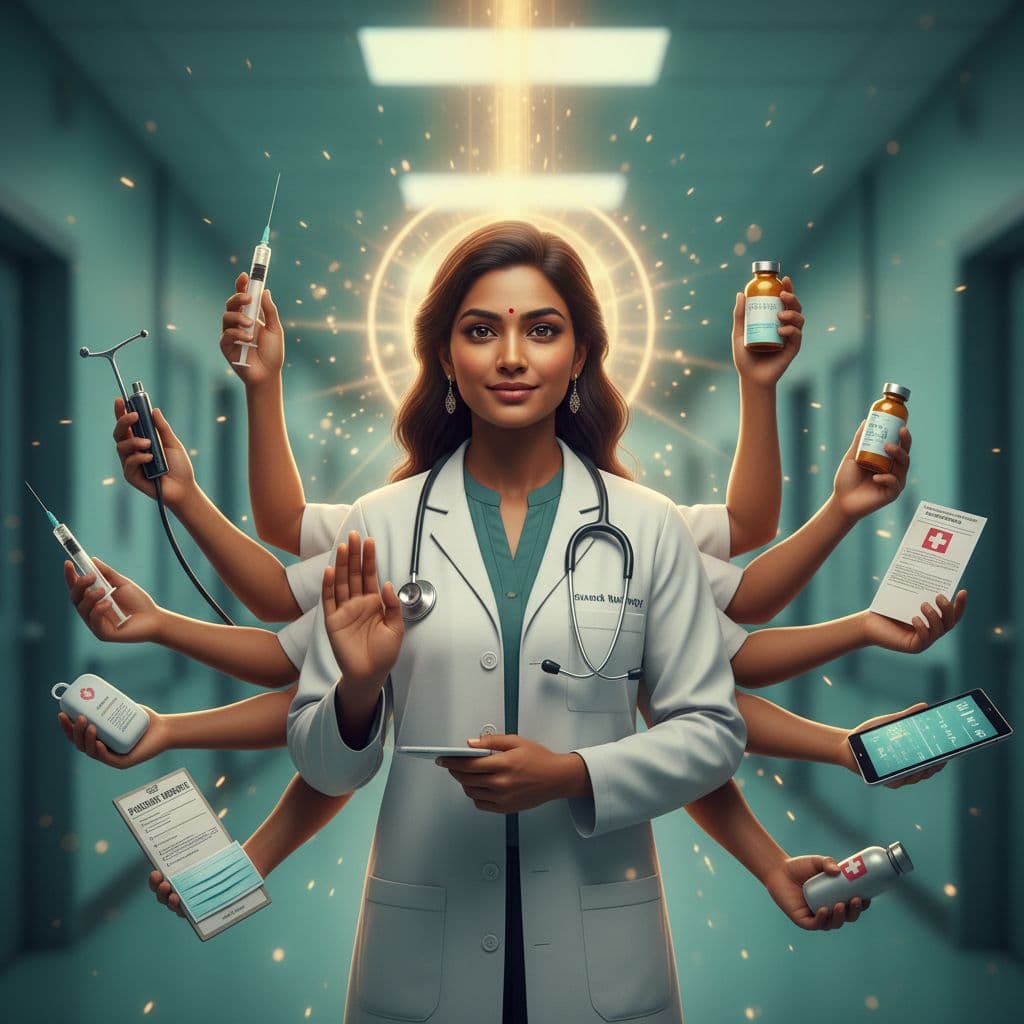 AI generated: Ultra HD, 8K, photorealistic 3D portrait of a fierce yet graceful 30-year-old Indian doctor, radiant...