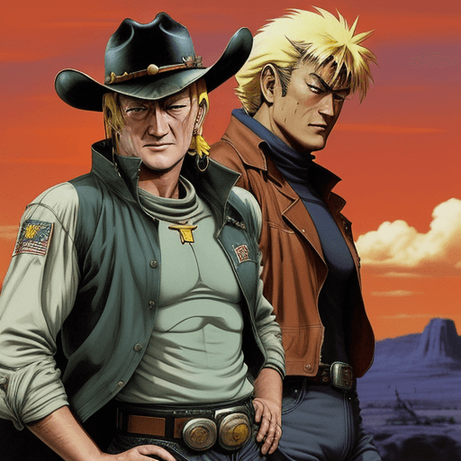 AI generated: John Wayne as an anime space cowboy like from Cowboy Bebop or Trigun:: space western theme:: western...