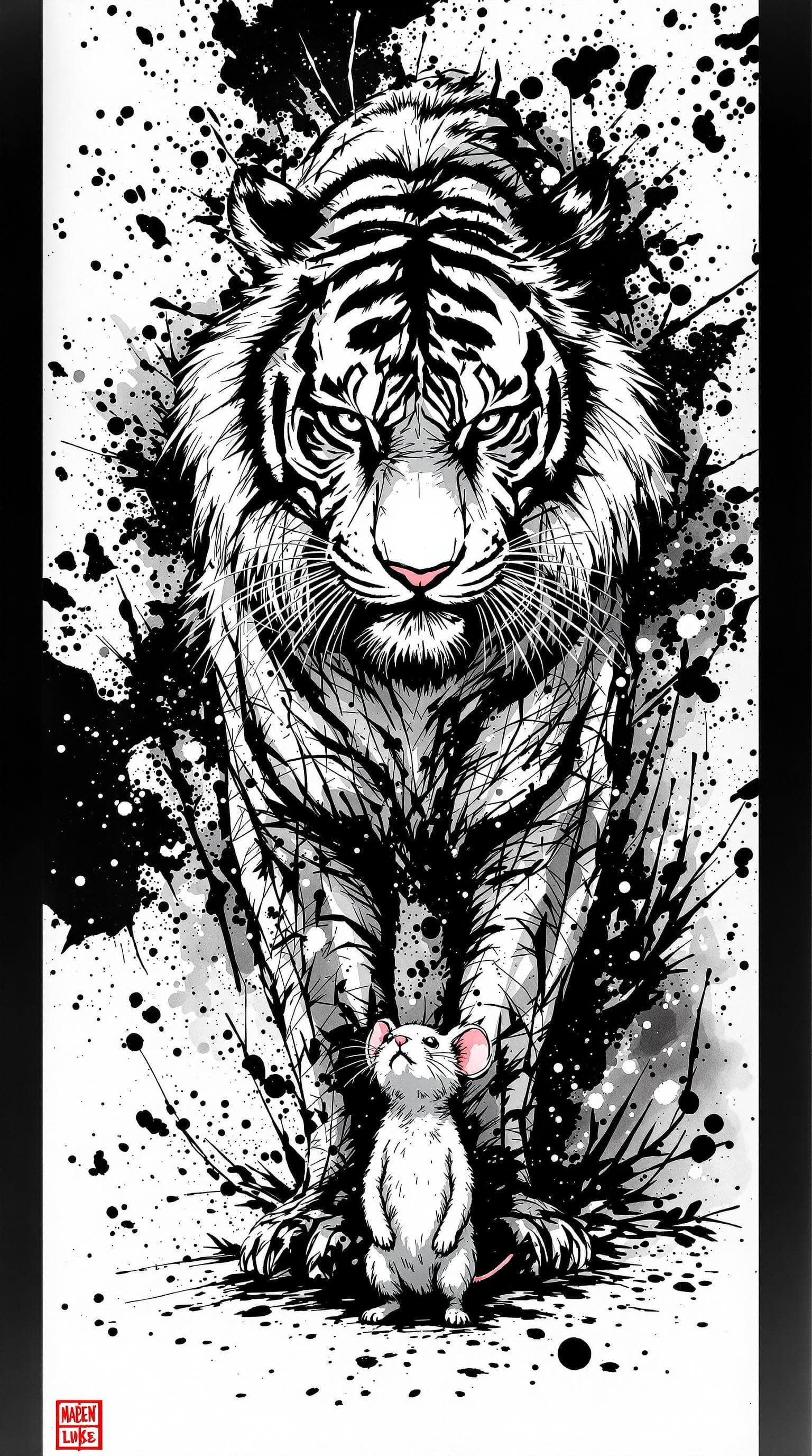 AI generated: a tiger standing around a same sized mouse ,detailed,ink style,Ink splash art on the background,ink ...