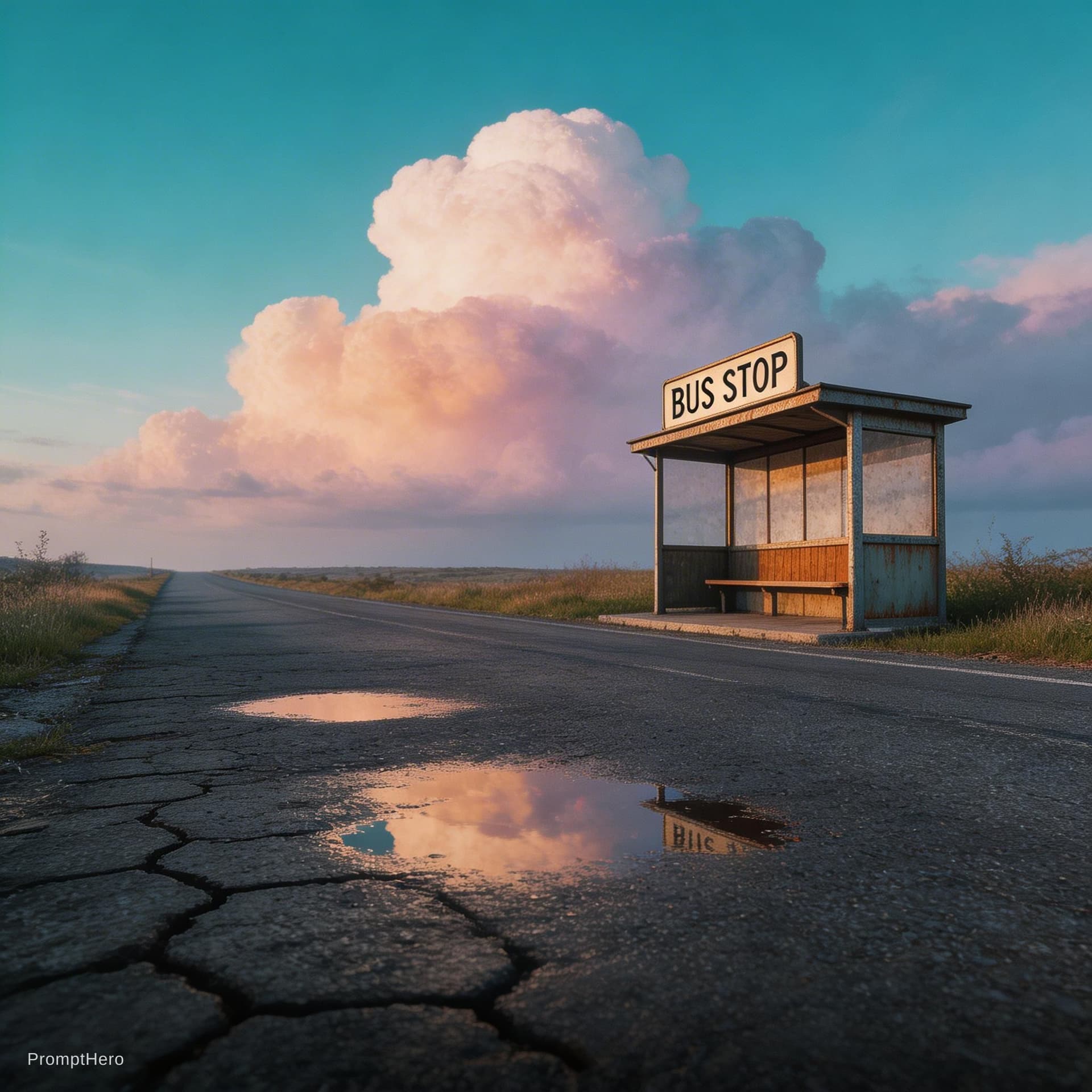 AI generated: illustration art, nostalgic, wide low-angle, small retro roadside busstop, warm orange and teal colo...