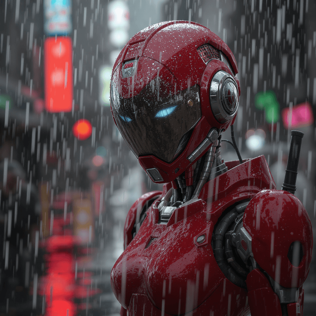 AI generated: young girl with a red robot suit standing in the rain, in the style of detailed hyperrealism, skotti...