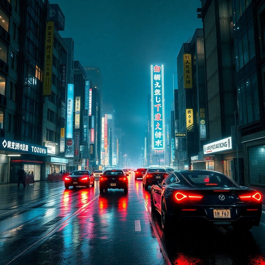 AI generated: Futuristic Tokyo at night, flying cars, neon lights, rain-soaked streets, Blade Runner vibe, cinemat...