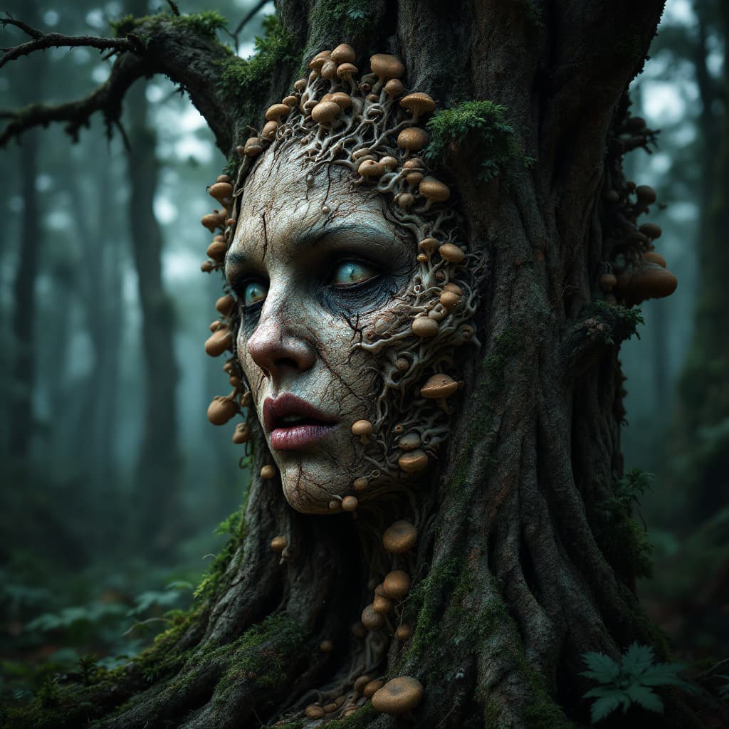 AI generated: A haunting human face partially fused into the trunk of a decaying tree, infected and overtaken by p...