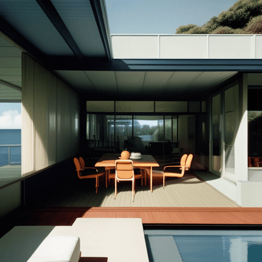 AI generated: Hyper realistic eye level exterior photo of a mid century modern style house overlooking the ocean, ...