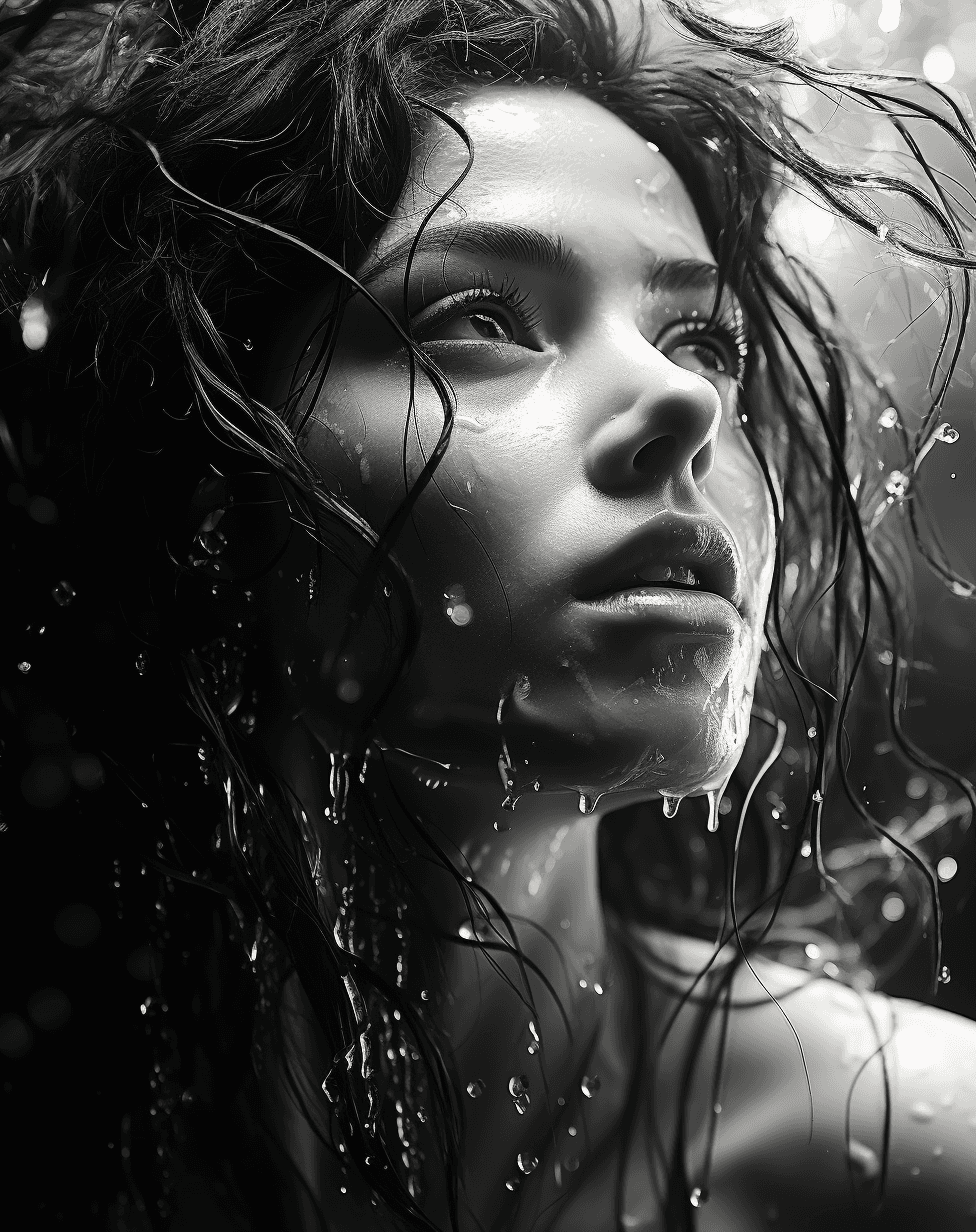 AI generated: girl with water sprays on her face black and white, in the style of daz3d, hyperrealistic marine lif...