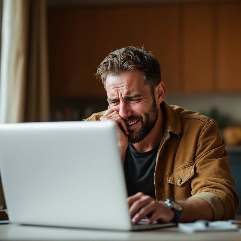 AI generated: a man is crying with laptop