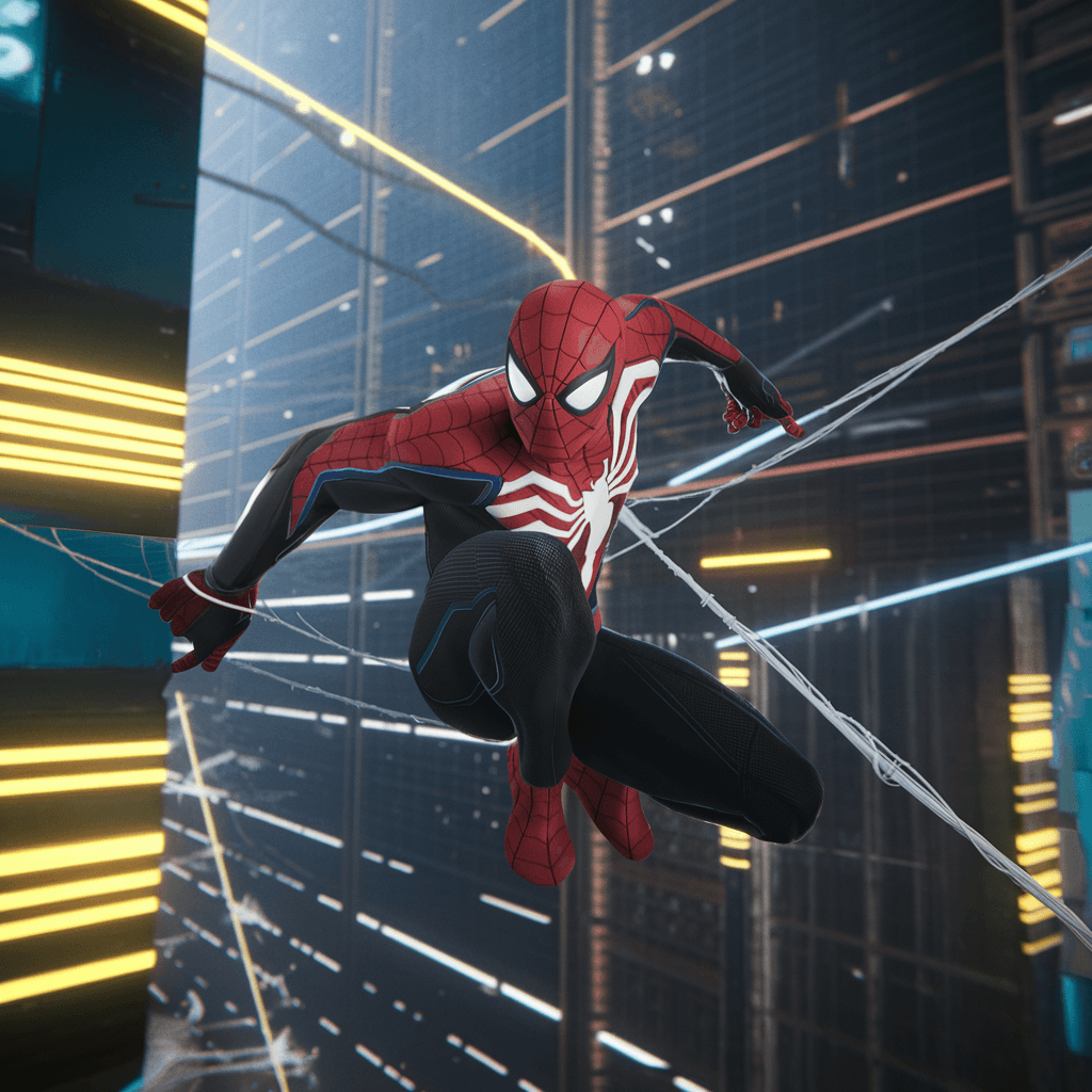 AI generated: Spider-Man in the style of Tron, with neon lights and a hyper-realistic, unreal engine-powered aesth...