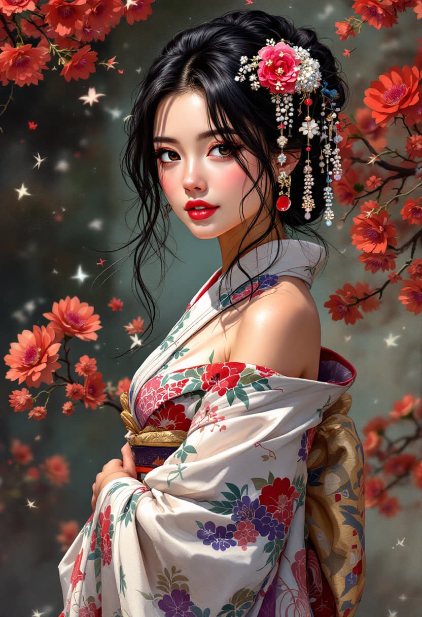 AI generated: A fascinating illustration of a Japanese girl in an off-shoulder kimono, inspired by the style of fa...