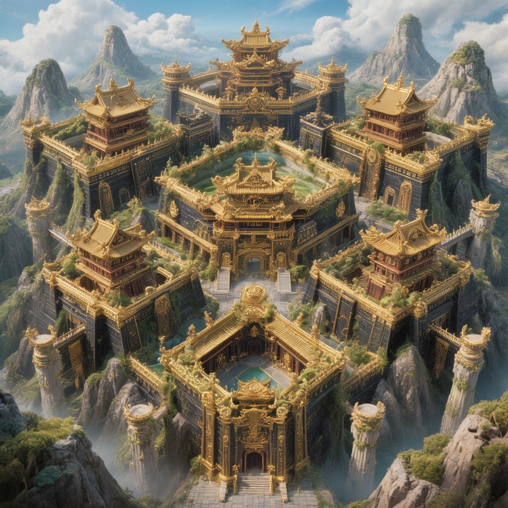 AI generated: create a massive Chinese themed castle colored black with gold trim with five separate courtyards in...